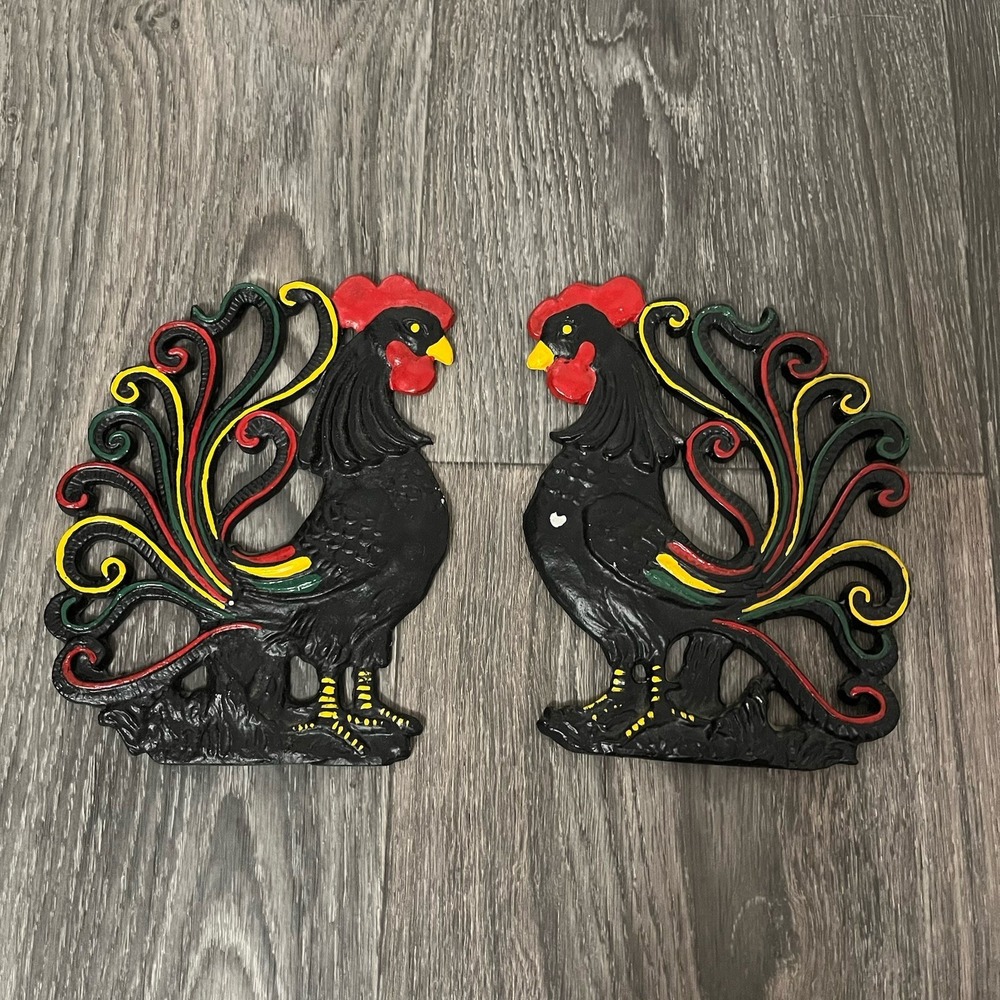 Vintage Pair Black Cast Iron Rooster Wall Hangings Cottagecore Farmhouse Decor